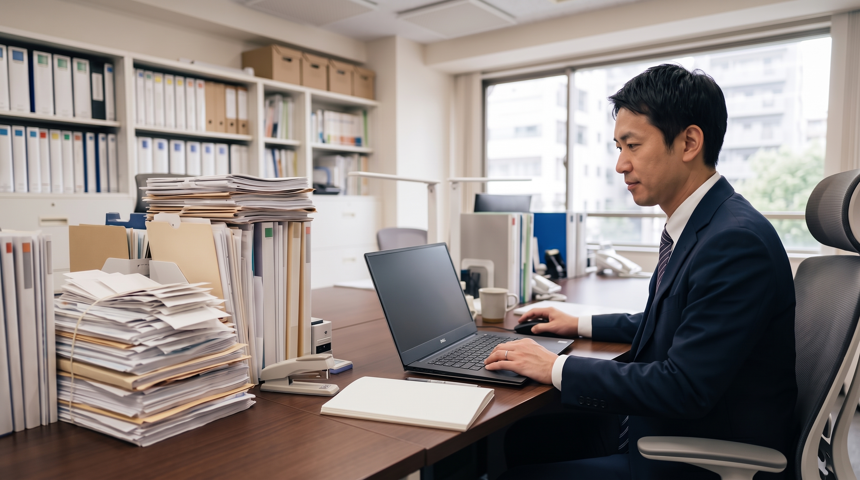 積み上がった領収書や書類の横で、ノートPCに向かって記帳作業をする事務所の職員