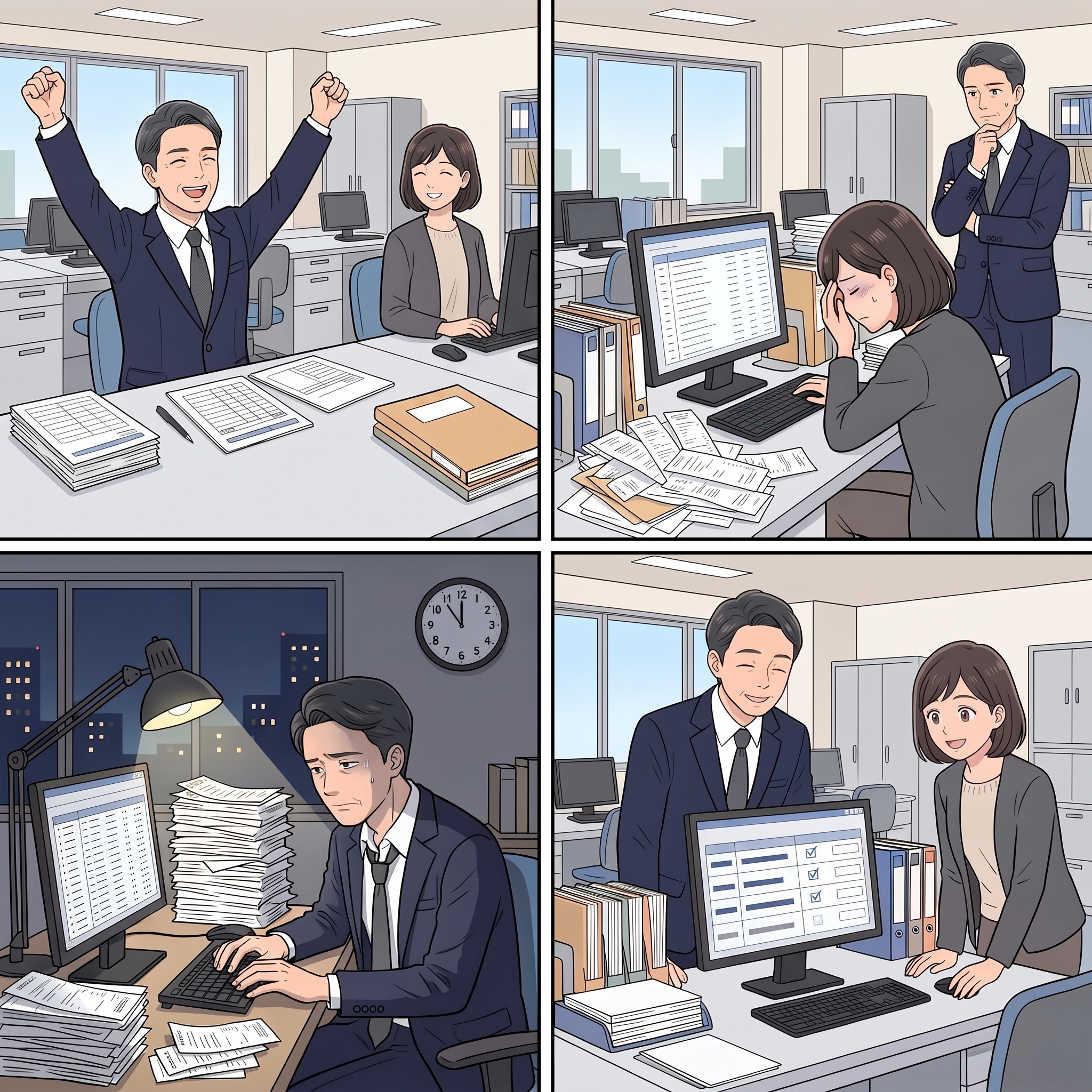 所長が両手を挙げて喜び、隣の職員も笑顔で座っている
